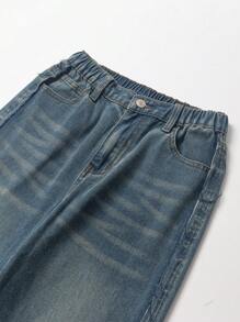 SHEIN Tween Girls Casual Vintage Raw Hem Straight Leg Washed Slim Fit Jeans - Medium Wash - View 3