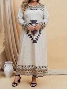 EMERY ROSE Plus Geo Print Tee Dress - Khaki - View 4