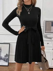 SHEIN Clasi Mock Neck Pleated Hem Belted Sweater Dress - Black - View 5
