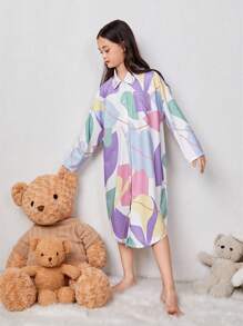 SHEIN Tween Girl Graphic Print Button Front Shirt Dress - Multicolor - View 5