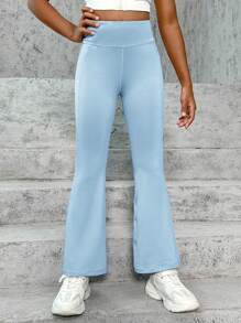 SHEIN Leap Crew Cô gái Tween 1 Miếng Thắt lưng rộng Chất rắn Chân bùng Hoạt động Quần - Màu xanh nhạt - Xem 6