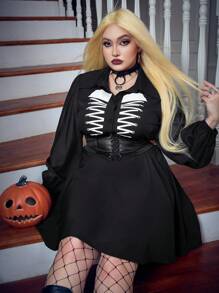 Flirla Halloween Plus Skeleton Print Lace Up Front Shirt Dress Without Corset - Black - View 3