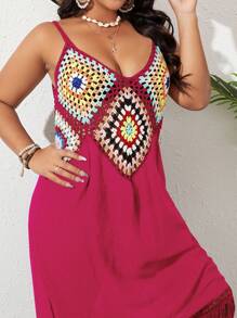 SHEIN VCAY Plus Geo Pattern Fringe Hem Cami Cover Up Dress - Hot Pink - View 4