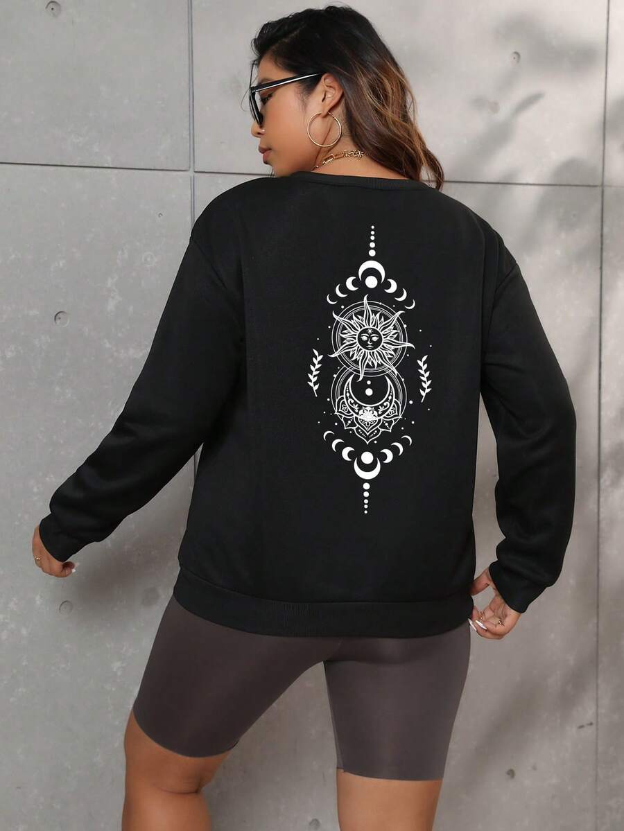 Calvaya Plus Sun & Moon Print Thermal Lined Sweatshirt - Black - View 1
