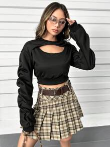 SHEIN Unity Cut Out Front Ruched Sleeve Crop Sweatshirt - Black - View 1