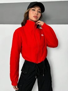 SHEIN Unity 字母補丁細節拉鏈開襟落肩袖夾克 - 紅色 - 查看 4