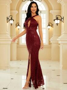 Missord Split Thigh Sequin Formal Dress - Burgundy - View 6