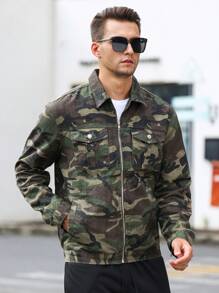 Manfinity LEGND 宽松男士长袖迷彩印花翻盖口袋牛仔夹克，秋季款 - 軍綠色 - 查看 5