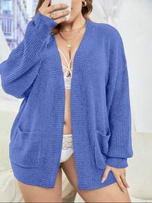 SHEIN LUNE Plus Drop Shoulder Patch Pocket Cardigan - Blue - View 5