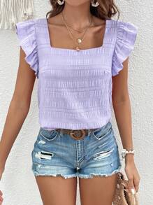 SHEIN VCAY Women's Vacation Casual Solid Color Textured Cap Sleeve Blouse - Lilac Purple - View 5