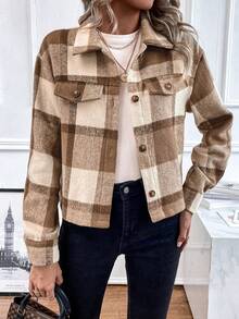 SHEIN LUNE Plaid Print Drop Shoulder Flap Detail Jacket - Brown - View 5