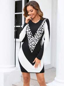 SHEIN Clasi Leopard Pattern Colorblock Sweater Dress