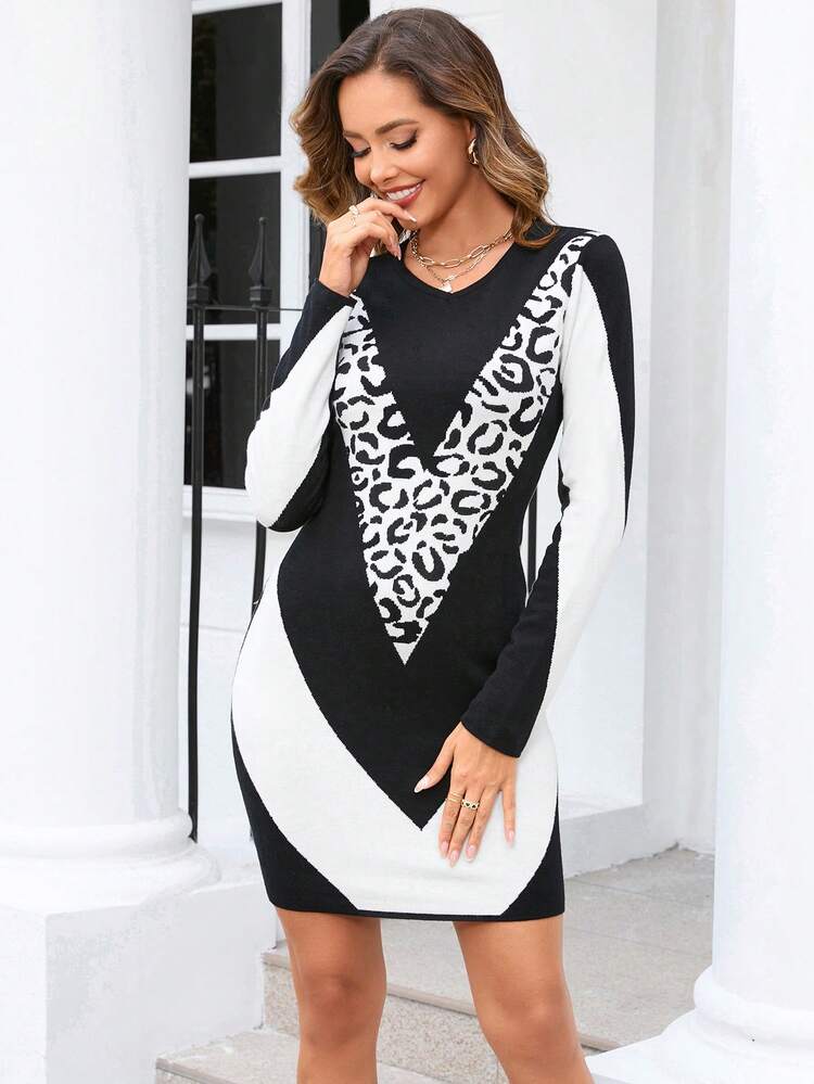 Leopard Pattern Colorblock Sweater Dress