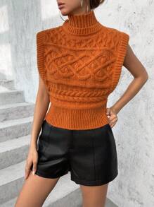 SHEIN Essnce 1pc Turtleneck Cable Knit Sweater Vest - Coffee Brown - View 6
