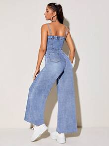 SHEIN ICON Button Front Wide Leg Cami Denim Jumpsuit - Medium Wash - View 2