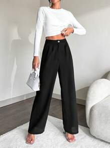 EURMUSE Solid Slant Pocket Straight Leg Suit Pants - Black - View 5