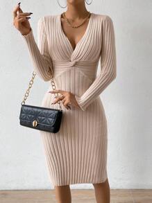 Chiquease 前扭結條紋針織毛衣洋裝 - 杏色 - 查看 4