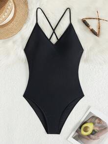 Solid Criss Cross One Piece Swimsuit - Black - View 8