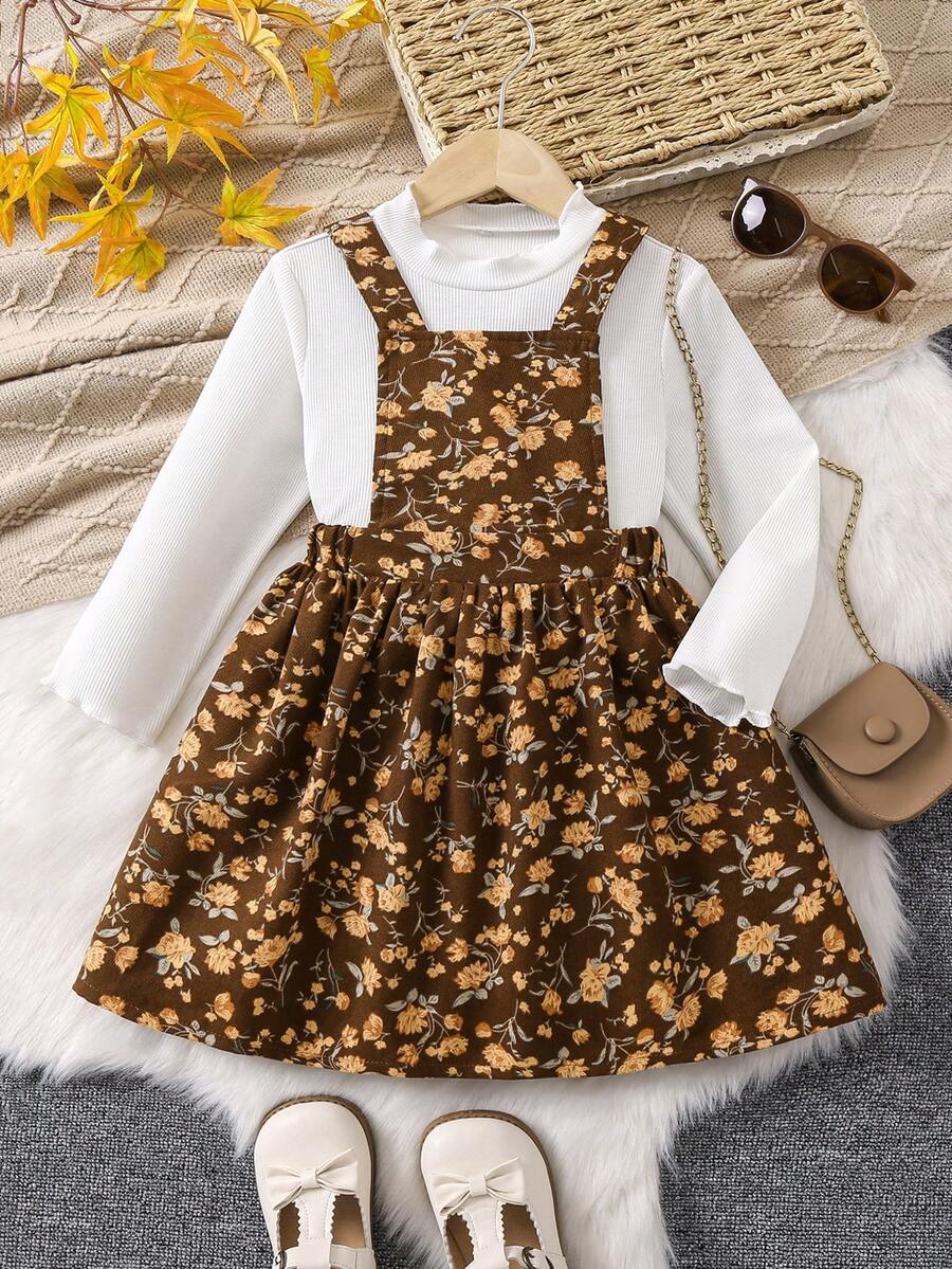 SHEIN Cô Gái Trẻ Cổ giả Áo thun & In hoa Đầm Tổng thể - Nhiều màu - Xem 1