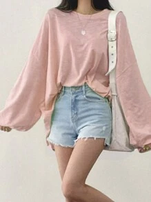 DAZY Solid Drop Shoulder Oversized Tee - Pink - View 4