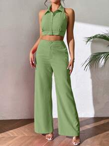 Chiquease Chất rắn Mở Lưng Áo hai dây & Quần ống rộng - Màu xanh Bạc hà - Xem 3