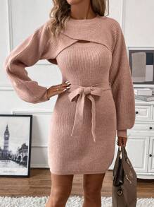 SHEIN Clasi Lantern Sleeve Super Crop Sweater & Belted Sweater Dress - Dusty Pink - View 4
