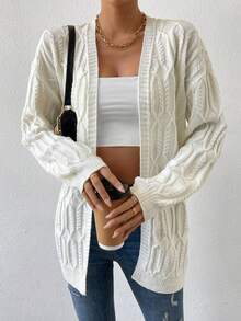 SHEIN LUNE Cable Knit Drop Shoulder Duster Cardigan - White - View 6
