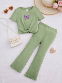 SHEIN Chica Joven con parche de mariposa bajo con nudo Camiseta & Pantalones acampanados - verde menta - Ver 1