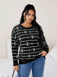 SHEIN Clasi Plus Moon Pattern Drop Shoulder Sweater Knit Pullover Fall Winter Sweater - Black - View 5