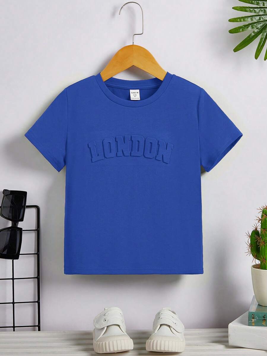 SHEIN Chico joven Camiseta en relieve de letra - Azul - Ver 1
