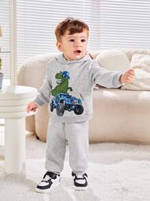 SHEIN 男嬰恐龍印花連帽衫和運動褲 - 灰色 - 查看 11