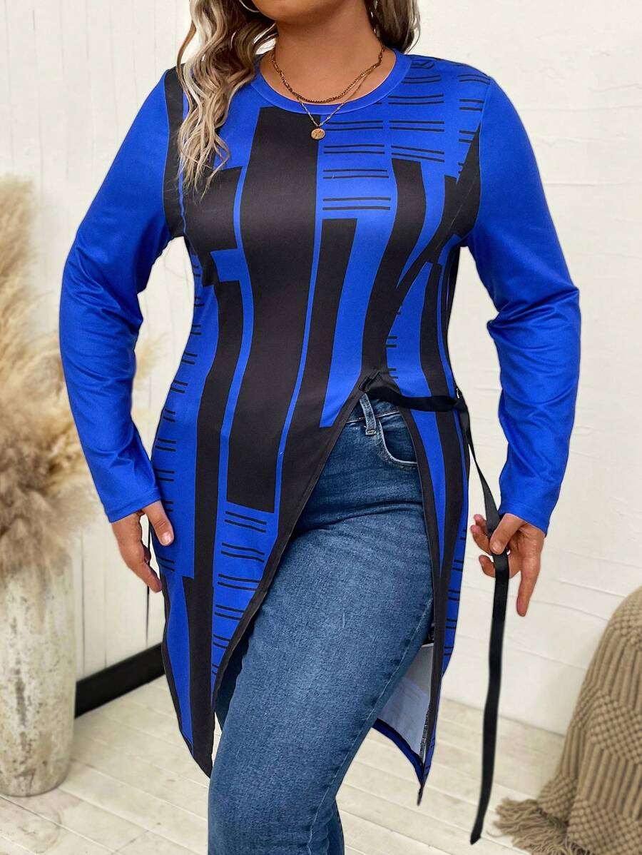 SHEIN LUNE Plus Colorblock Asymmetrical Hem Tee Fall Cloth For Women - Blue - View 1