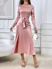 SHEIN Privé Puff Sleeve Split Thigh Belted Satin Dress