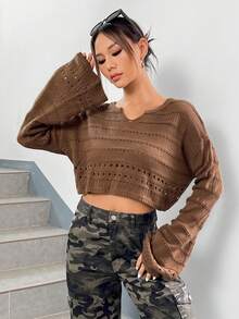 SHEIN EZwear Áo len nữ Bị tách màu trơn Giải trí - màu nâu - Xem 4