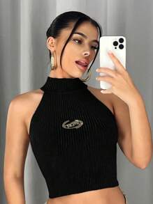 SHEIN ICON 字母貼布短款吊脖針織上衣 - 黑色 - 查看 1