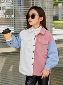 SHEIN Tween Girl Colorblock Flap Pocket Thermal Lined Corduroy Coat - Multicolor - View 6
