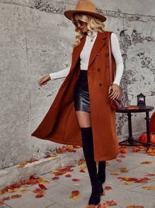 SHEIN LUNE 雙排釦雙口袋背心大衣 - 棕色 - 查看 5