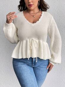 SHEIN Clasi Hơn Cắt vỏ sò Tay áo lồng đèn Nút phía trước Xoay eo Áo len - trắng - Xem 1