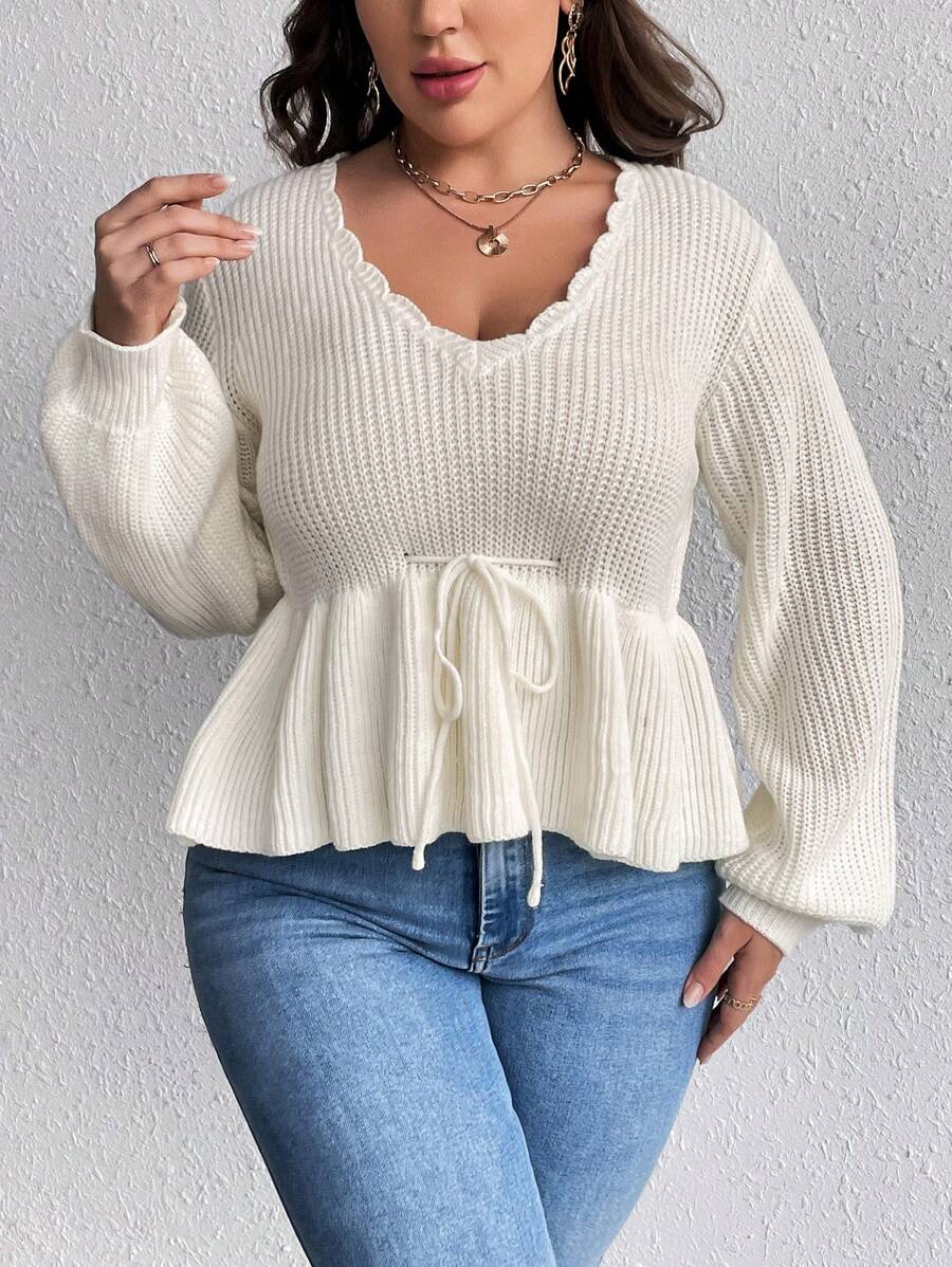 SHEIN Clasi Hơn Cắt vỏ sò Tay áo lồng đèn Nút phía trước Xoay eo Áo len - trắng - Xem 1