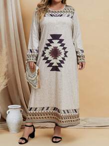 EMERY ROSE Plus Geo Print Tee Dress - Khaki - View 1