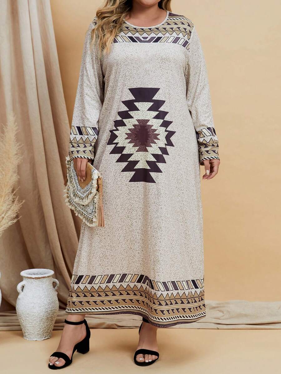 EMERY ROSE Plus Geo Print Tee Dress - Khaki - View 1