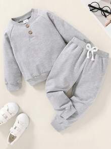 Young Boy 2pcs Cute Half Button Solid Sweatshirt And Sweatpants With Shoulder Epaulet Design - Grey - View 7