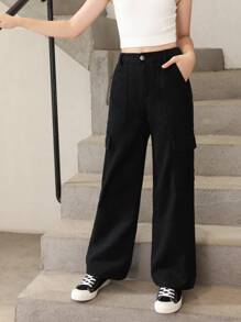 Tween Girl Flap Pocket Side Cargo Jeans - Black - View 4