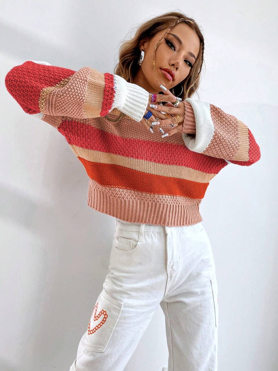 Color Block Drop Shoulder Knit Pullover Fall Winter Sweater