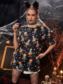 PUNK Maglietta oversize con stampa halloween spalle cadenti - nero - Visualizzare 6