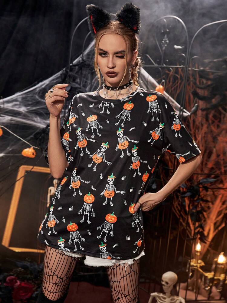 PUNK 萬聖印花落肩袖超大號T恤 - 黑色 - 查看 6