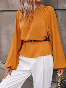 SHEIN Clasi Solid Lantern Sleeve Belted Blouse - Yellow - View 5