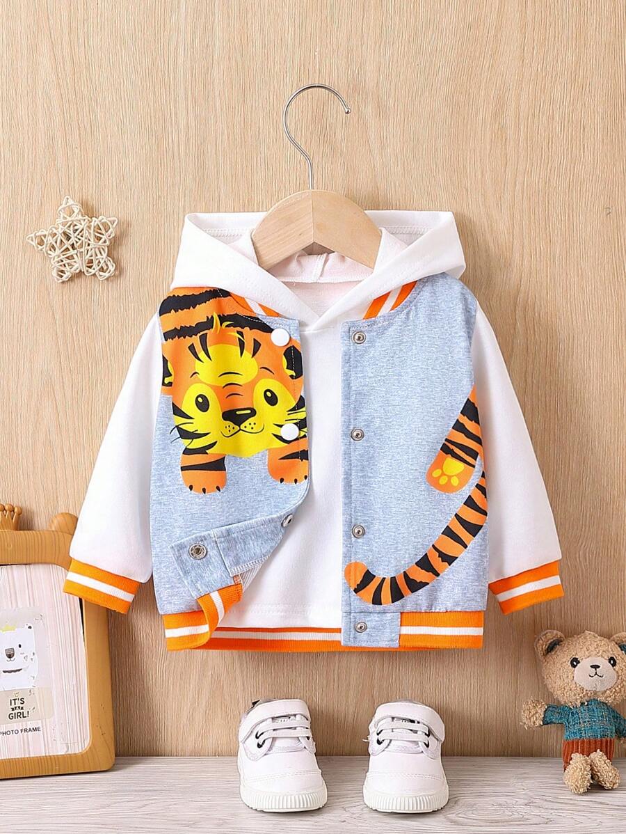 女嬰卡通老虎圖案條紋飾邊飛行員夾克無連帽衫 - 彩色 - 查看 1