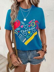 SHEIN LUNE Áo thun nữ Tim Lá thư Giải trí - Màu xanh lam - Xem 7