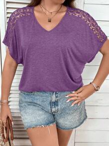 SHEIN Clasi Plus Contrast Lace Dolman Sleeve Tee